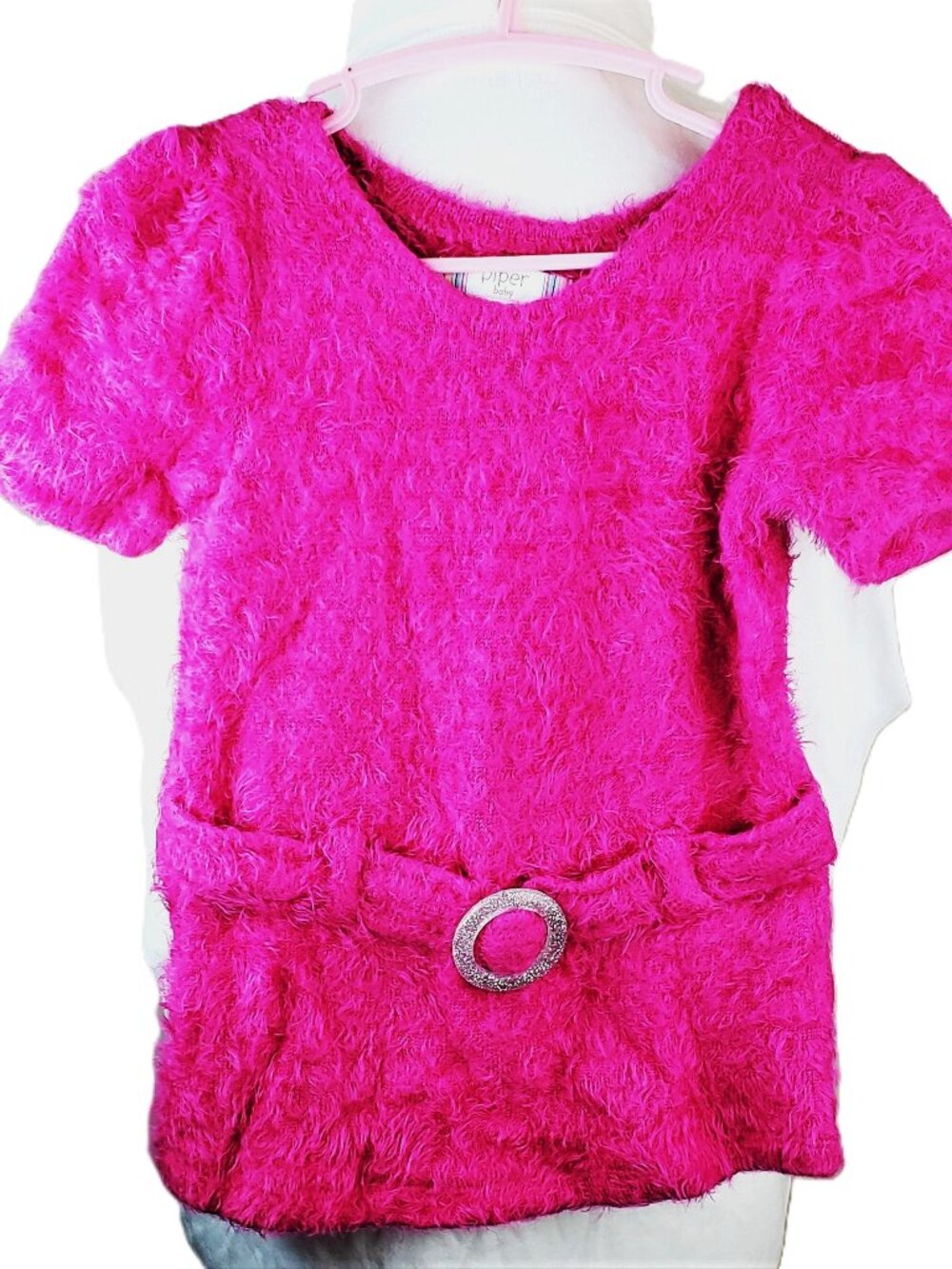 Piper Baby Fuzzy Sweater Dress Girls Size 4T Pink Short Sleeve Glitter Buckle